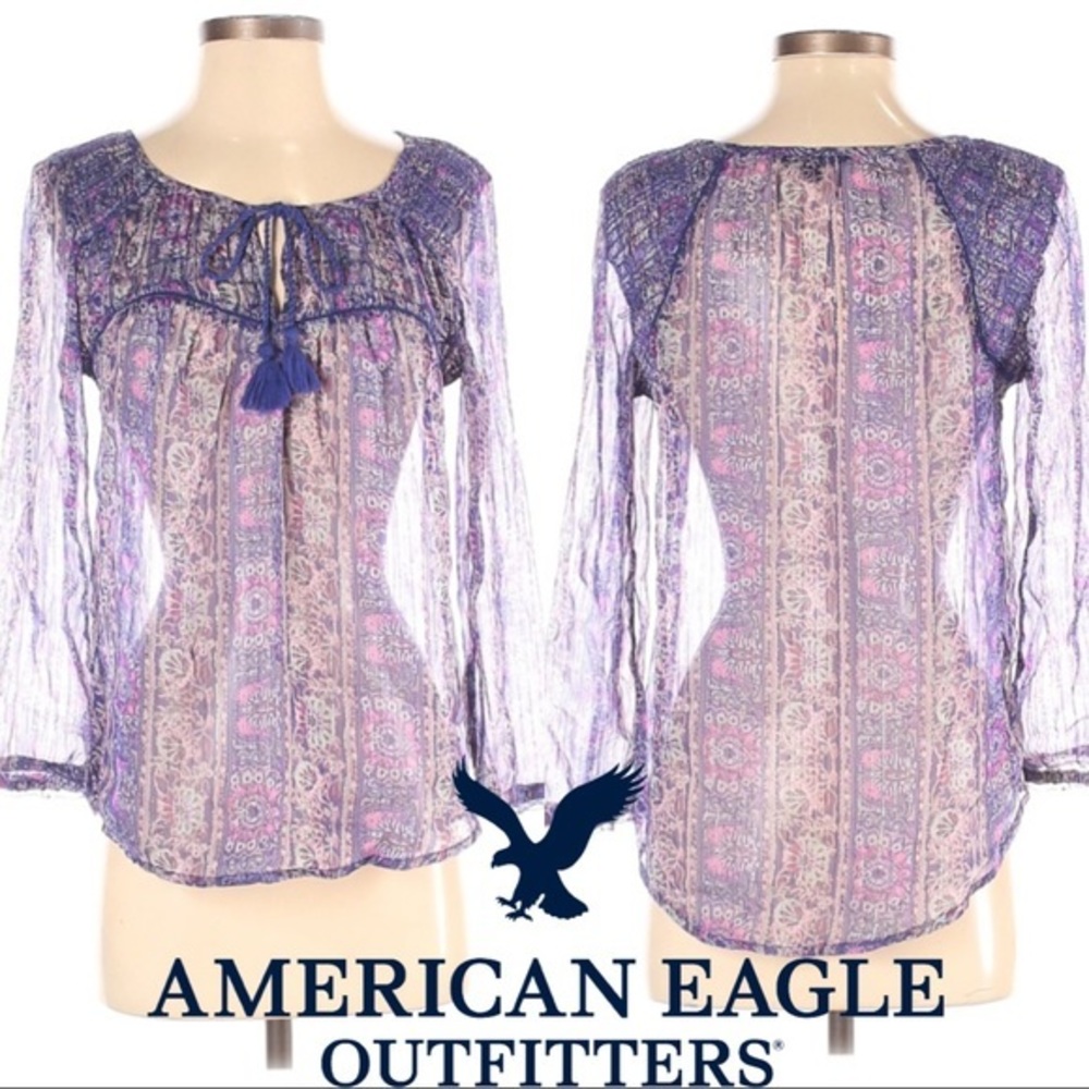 American Eagle Purple Sheer Boho Peasant Top XS